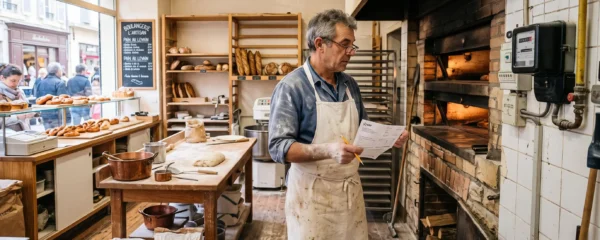 Un boulanger examine son compteur électrique dans sa boulangerie, facture en main.