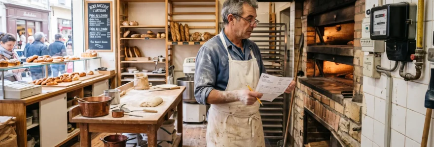 Un boulanger examine son compteur électrique dans sa boulangerie, facture en main.
