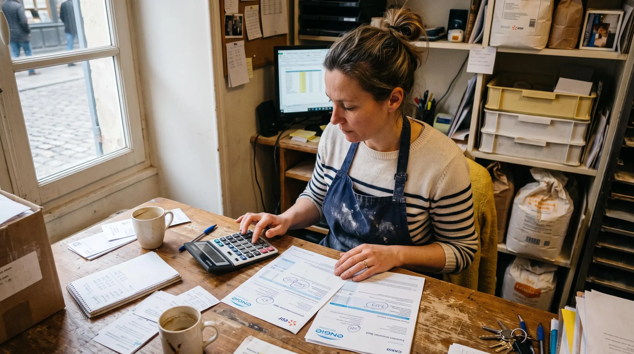 Une boulangère calcule ses économies au bureau, entourée de factures d'électricité.