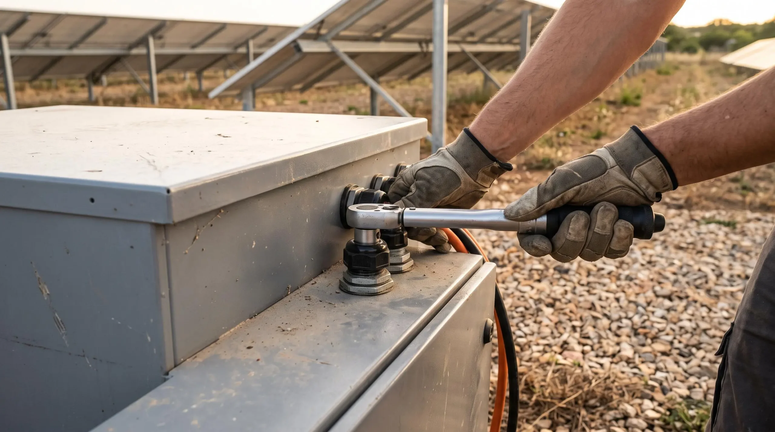 Mains gantées d'un installateur serrant un câble sur un coffret de batterie extérieur