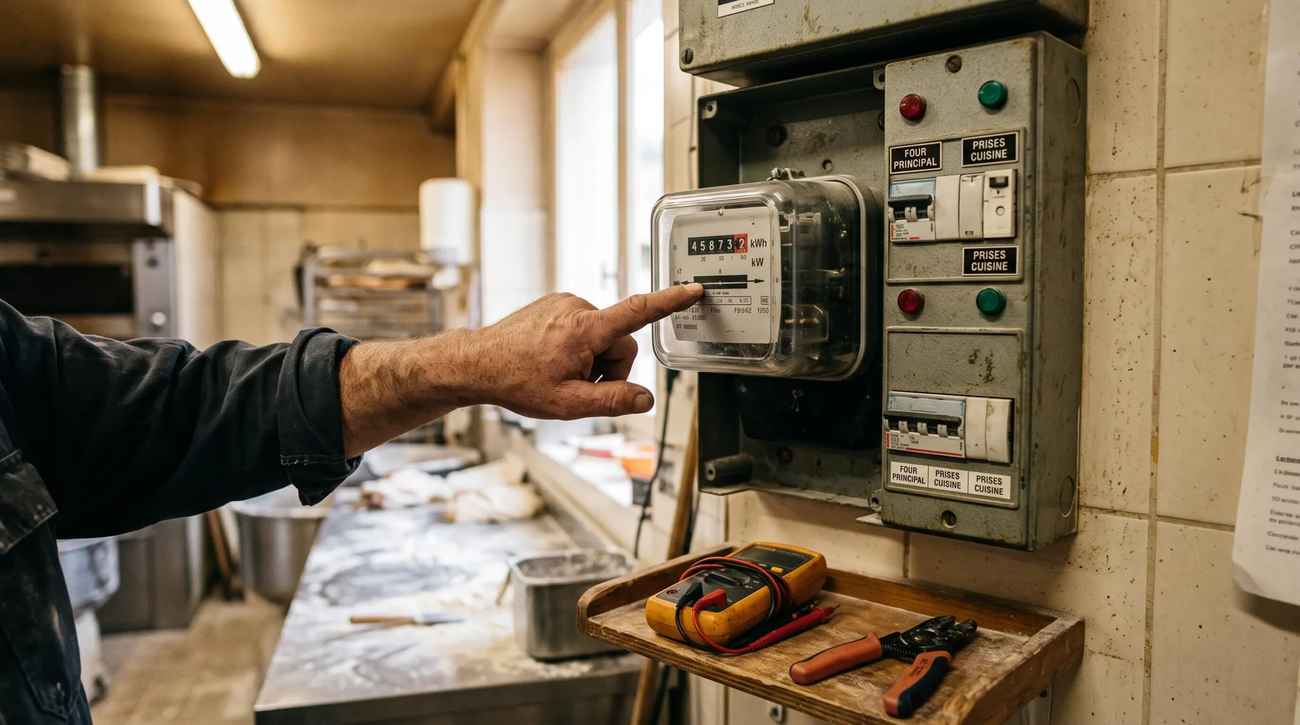 Une main pointe le relevé d'un compteur électrique industriel dans une cuisine de boulangerie.
