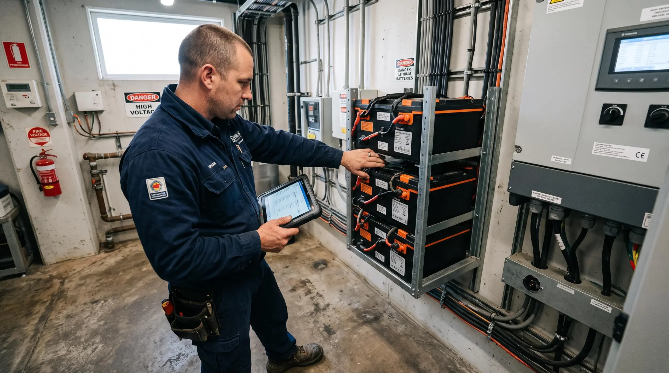 Technicien vérifiant un rack de batteries relié à un onduleur en local technique